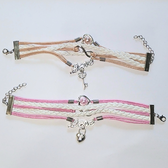 Set Friendship Love Key Lock Infinity Pearl Layer Charm Bracelet Adjustable Pink - Picture 5 of 8